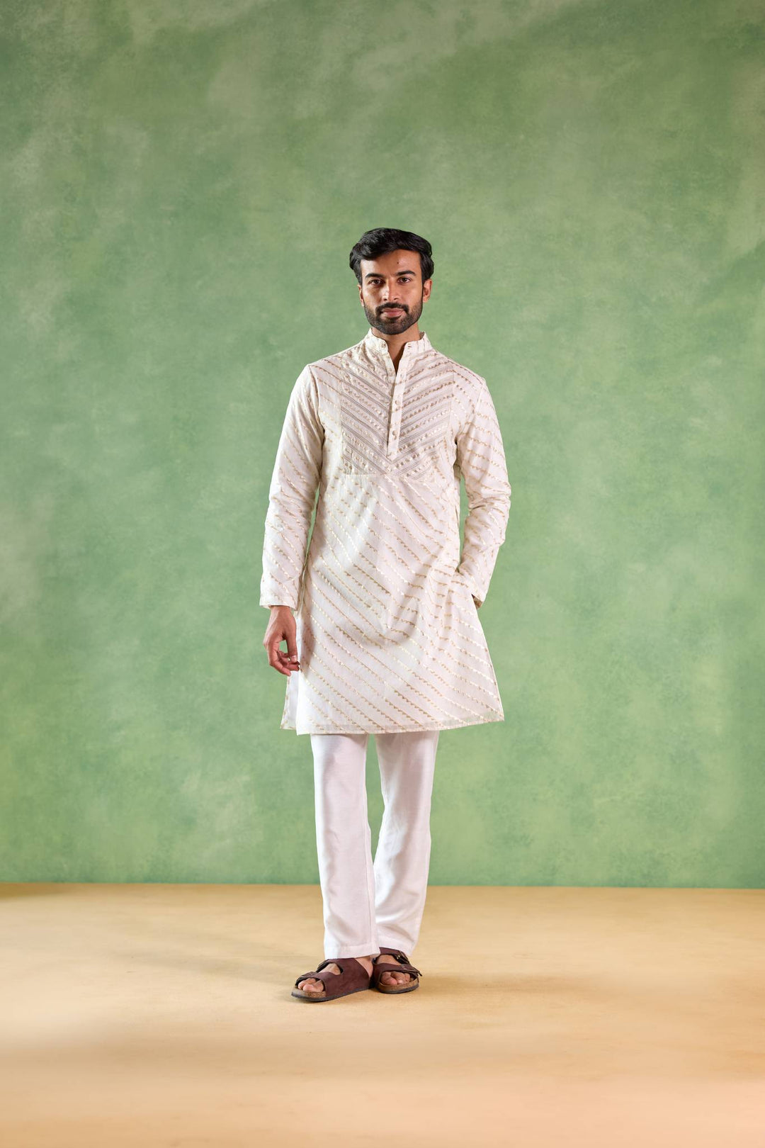 Ivory Gold Chevron Brocade Embroidered Kurta with Narrow Pants