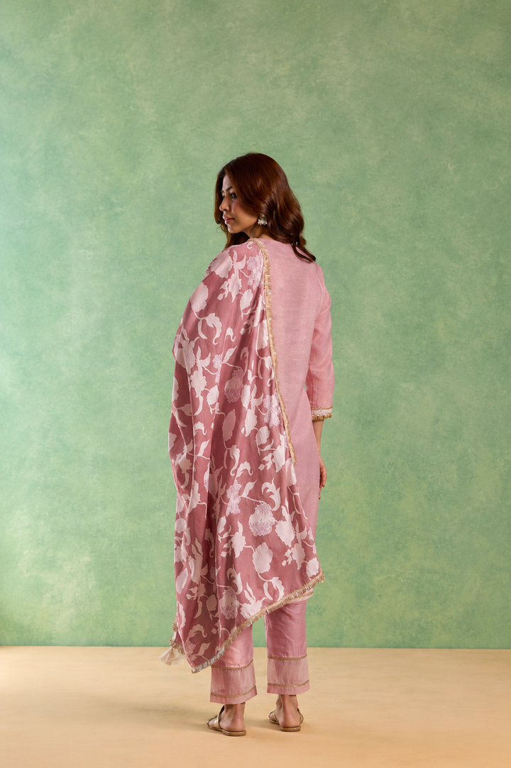 Rose Mirror Embroidered Chanderi Stripe Kurta Set with Floral Chintz Dupatta - Set of 3