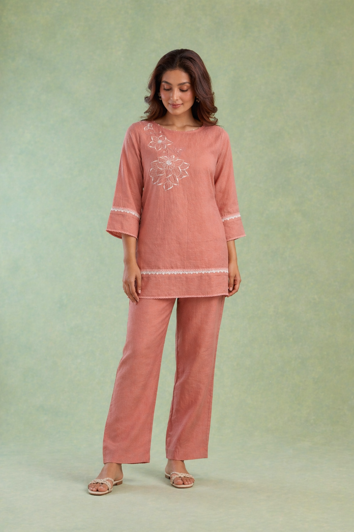 Dusty Pink Embroidered Mul Chanderi Co-ord Set