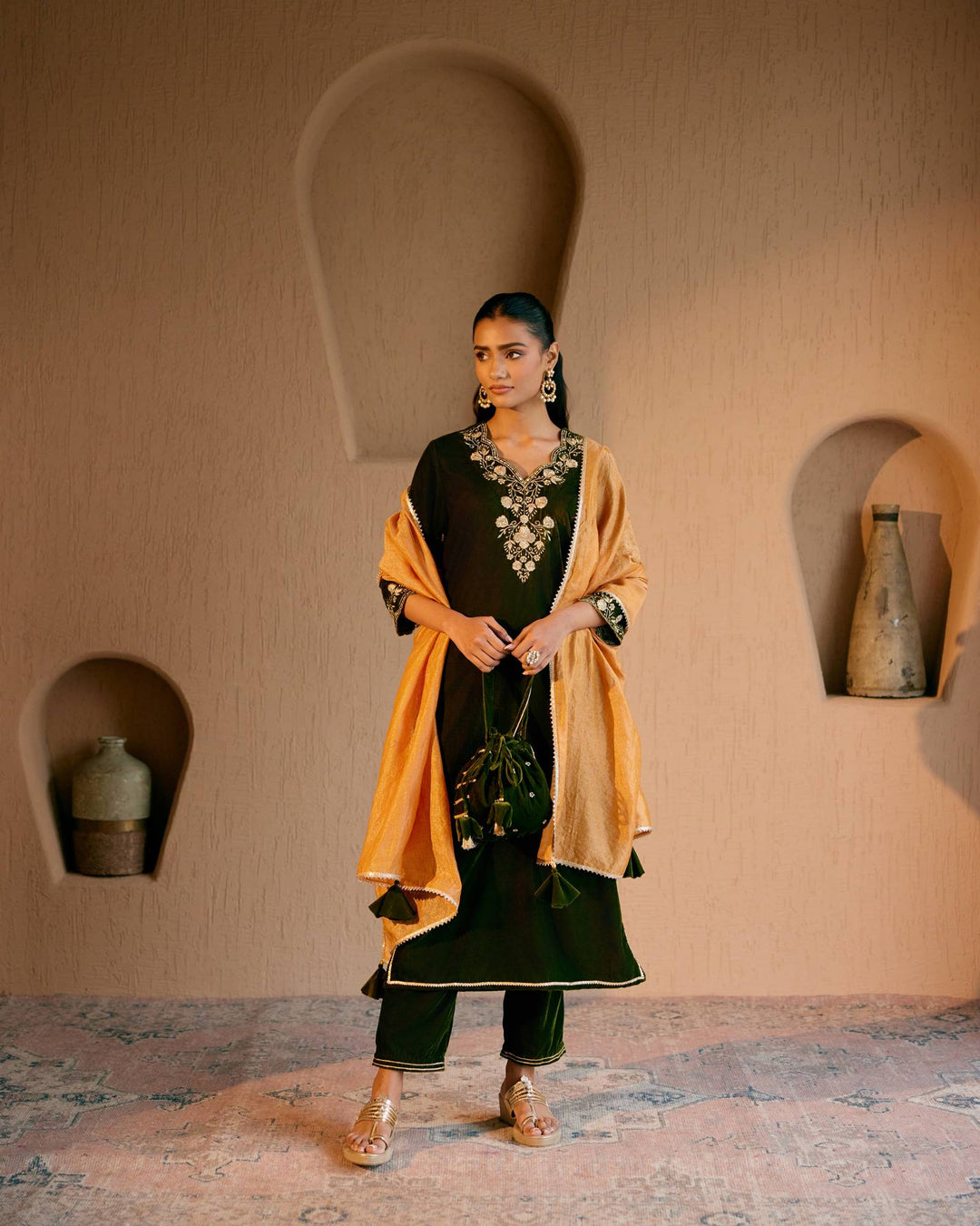 Olive Embroidered Velvet Kurta with Narrow Pants and Dupatta- Set of 3