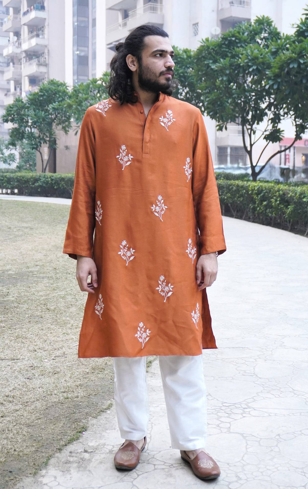 Rust Red Embroidered Silk Kurta with Narrow Pants - Set of 2