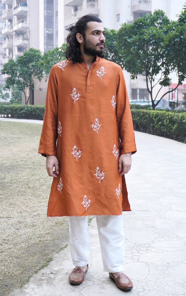 Rust Red Embroidered Silk Kurta with Narrow Pants - Set of 2