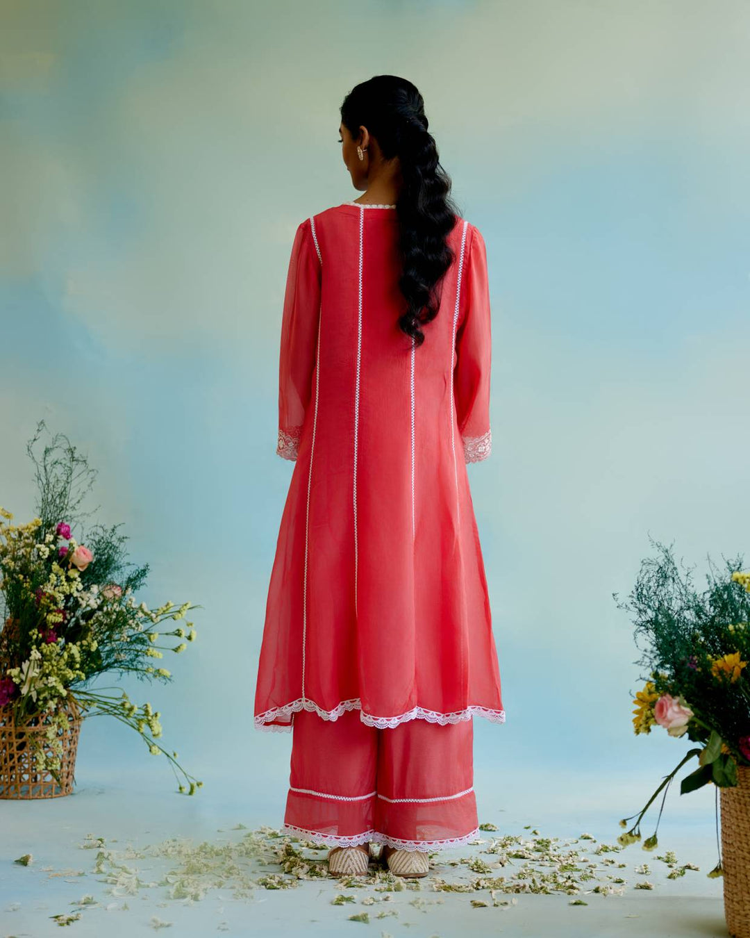 Coral Rose Anarkali with Wide Leg Pants