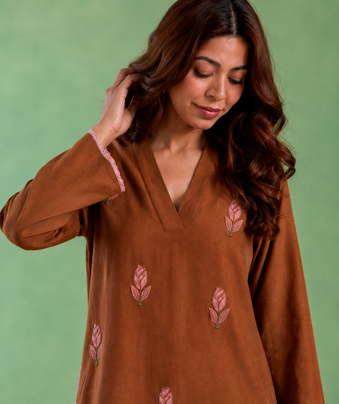 Brown Rose Embroidered Handloom Cotton Co-ord Set