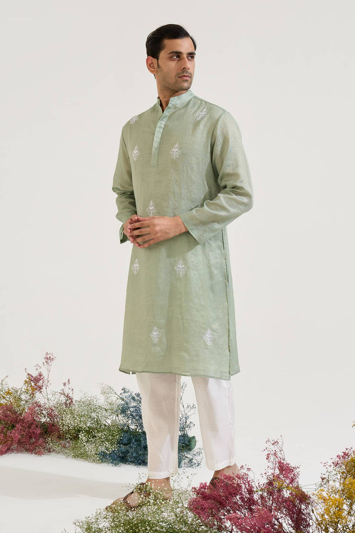 Sage Embroidered Chanderi Stripe Kurta with Narrow Pants - Set of 2