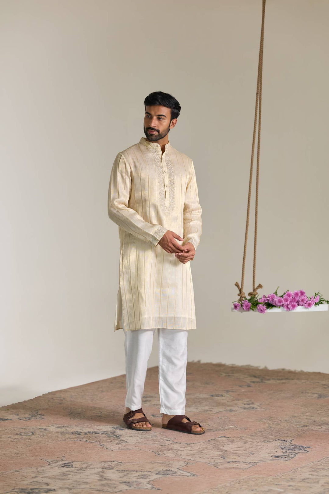 Golden Floral Stripe Embroidered Kurta