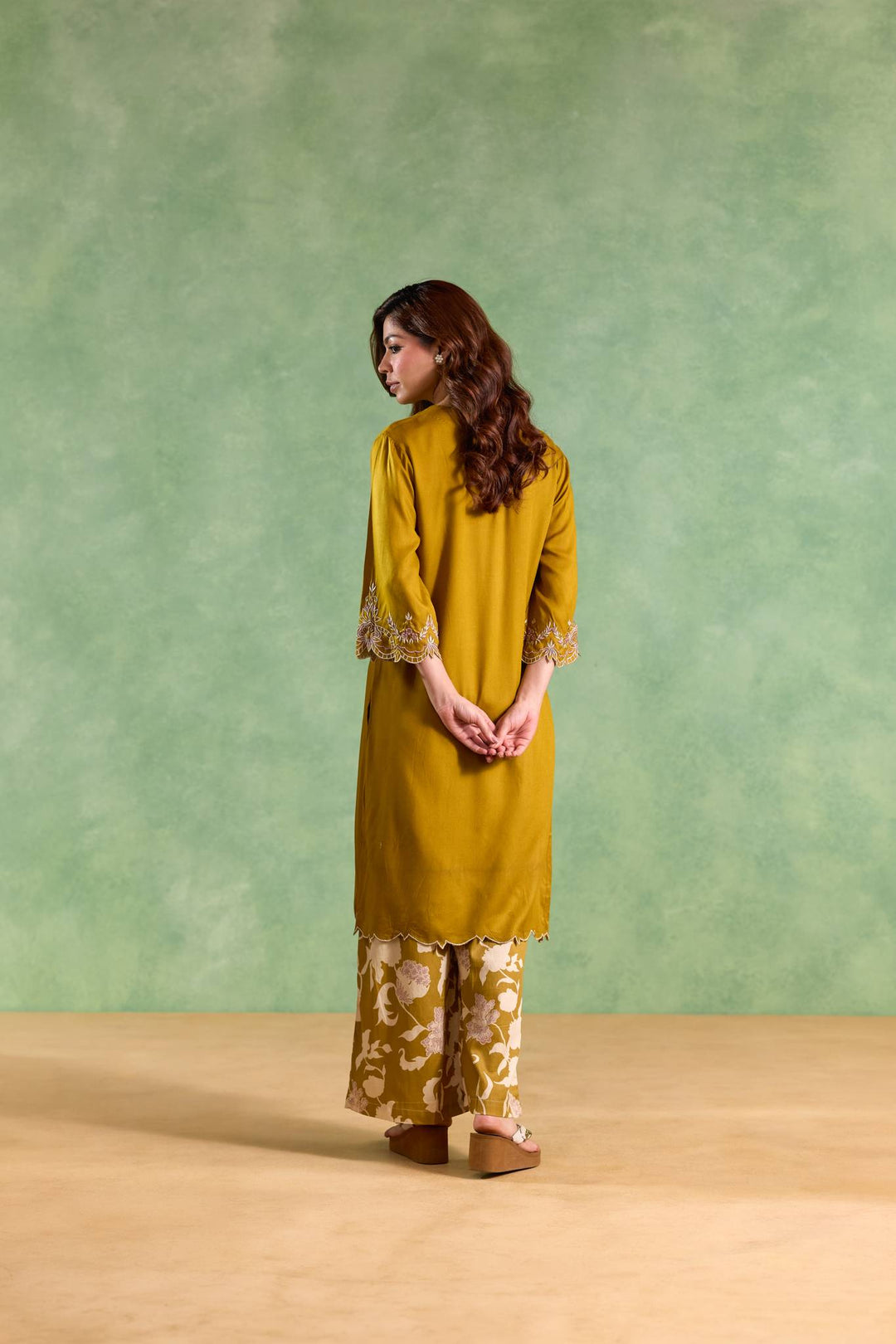 Olive Gold Scallop Kurta with Flared Pants - Set of 2