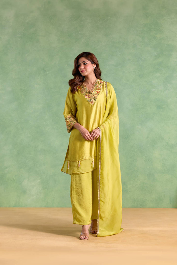 Lime Rose Embroidered Chanderi Kurta with Flared Pants and Dupatta - Set of 3