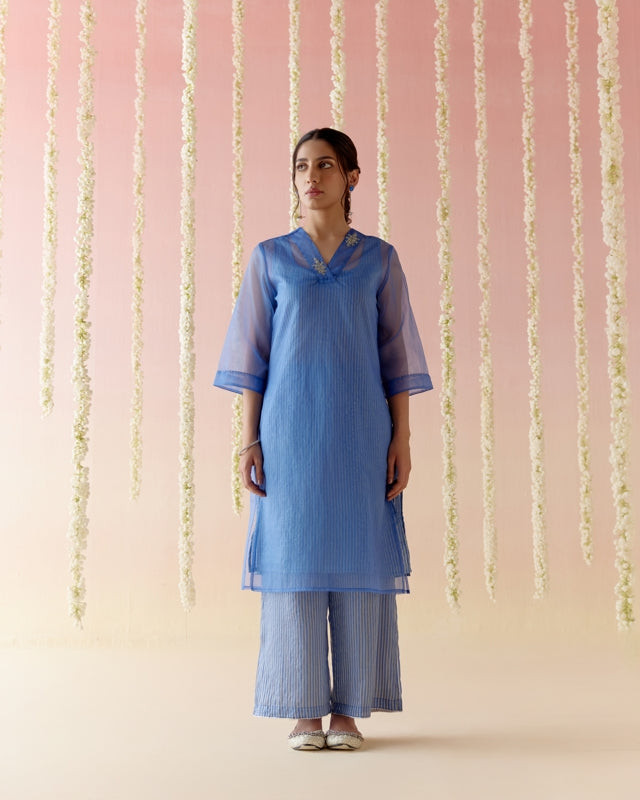 Sapphire Blue Kurta with Stripes Tissue Slip and Flared Pants - Set