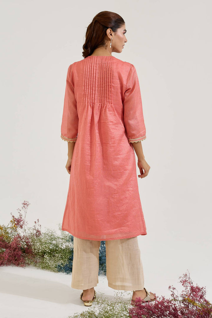 Red Gold Chanderi Stripe Kurta with Wide Leg Pants - Set of 2