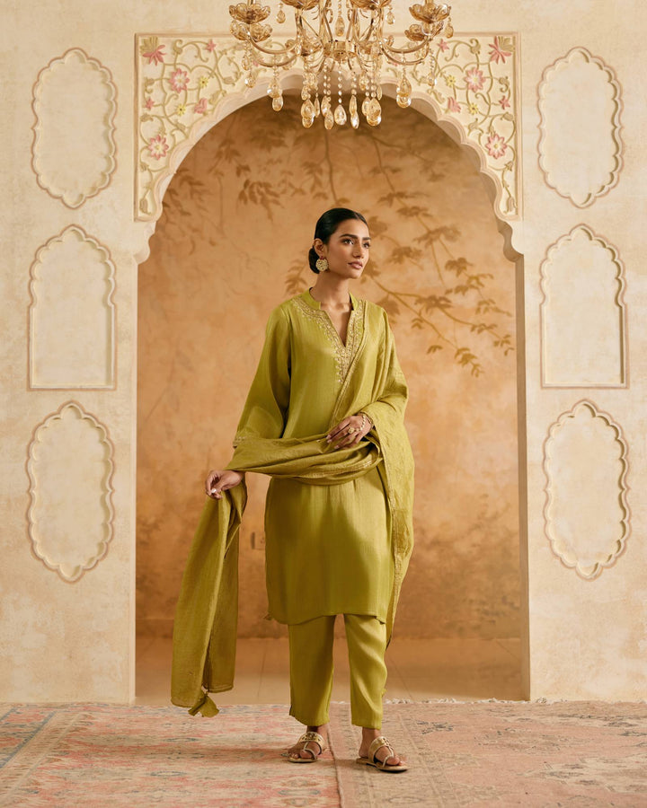 Olive Rust Tissue Kurta with Narrow Pants and Dupatta - Set of 4