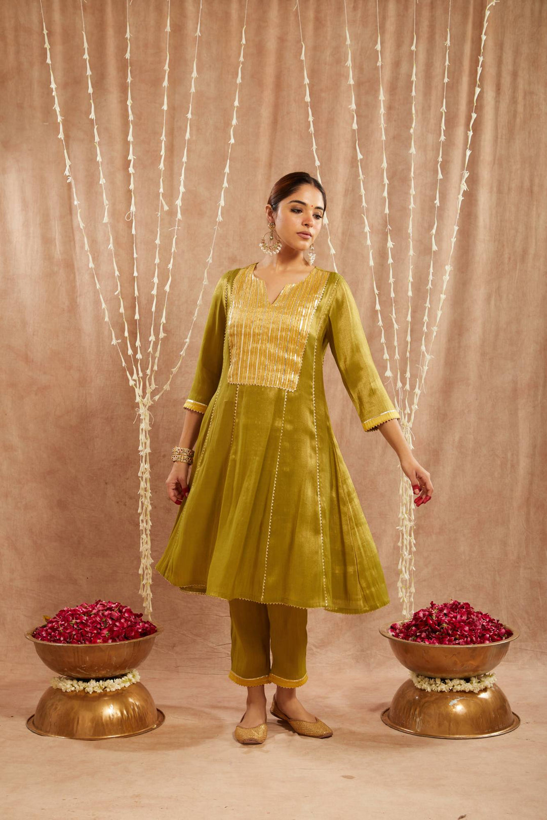 Green Yoke Tissue Anarkali with  Narrow Pants and Dupatta - Set of 3