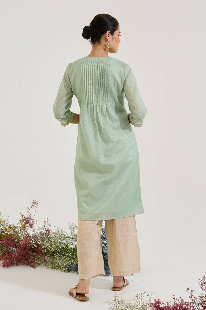 Mint Gold Chanderi Stripe Kurta with Wide Leg Pants - Set of 2