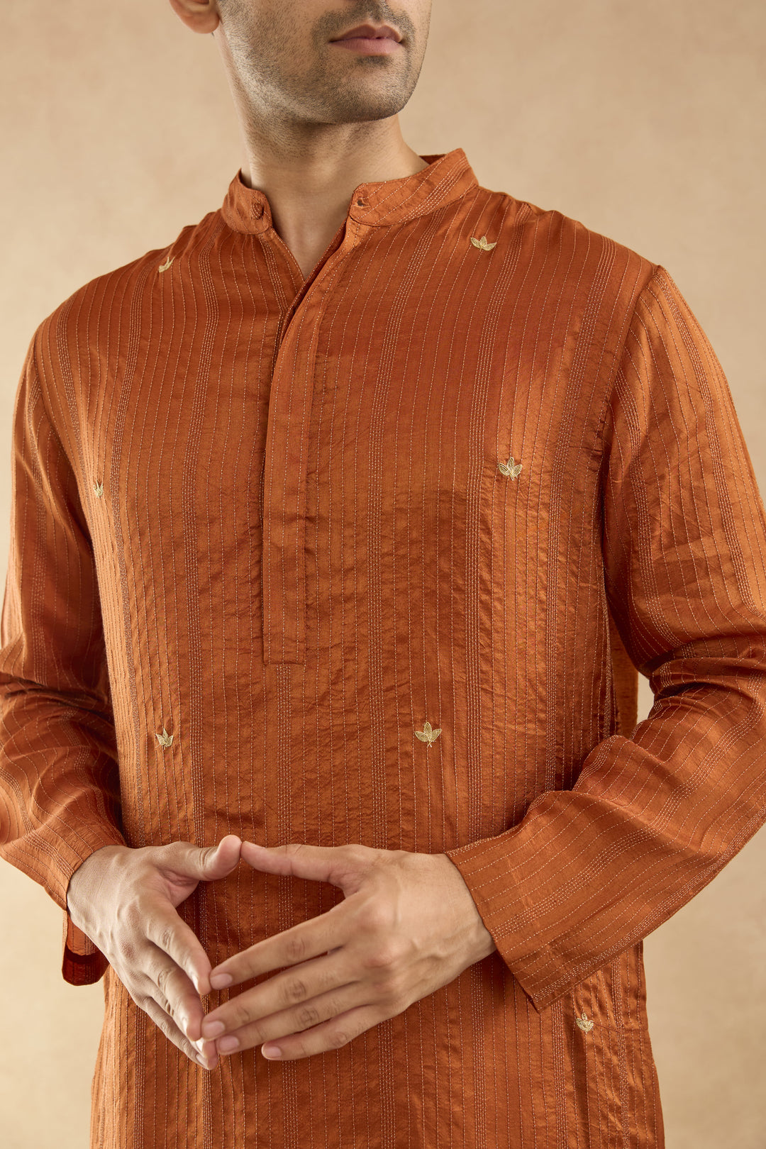 Brown Dori Silk Chanderi Kurta with Narrow Pants - Set of 2