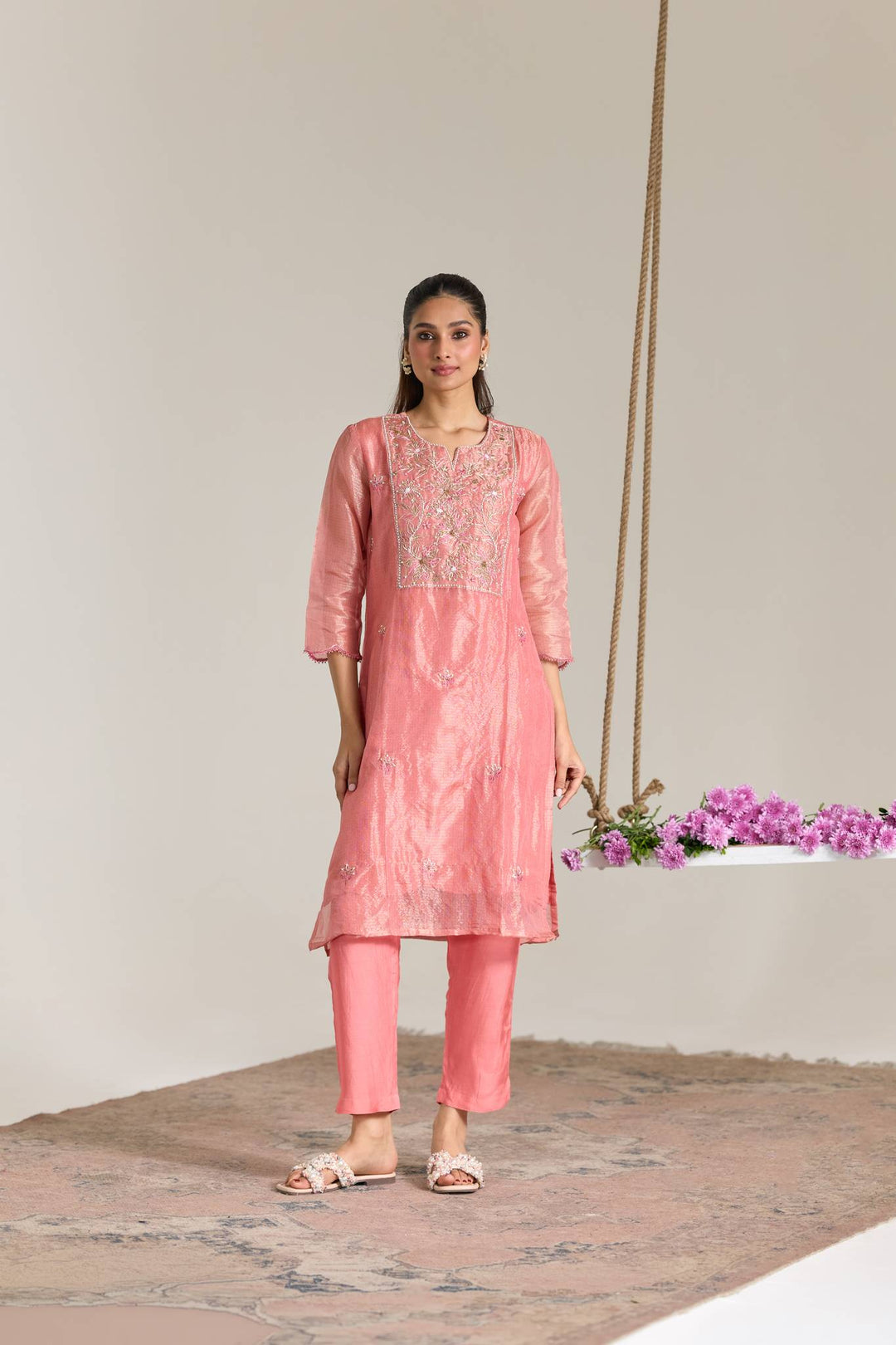 Blossom Pink Dori Embroidered Kota Tissue Kurta Set with Dupatta - Set of 3