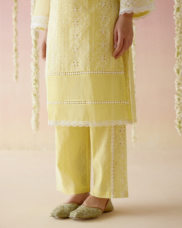 Yellow Pearl Long Kurta with Narrow Pants- Set of 2