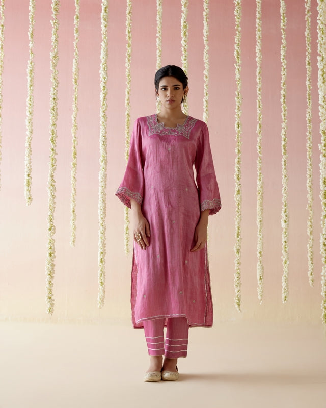 Peony Pink Tissue Kurta with Narrow Pants & Dupatta - Set of 3