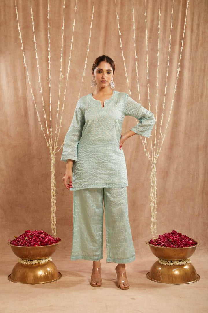 Blue Moroccan Dori Kurta with Flared Pants and Dupatta- Set of 3