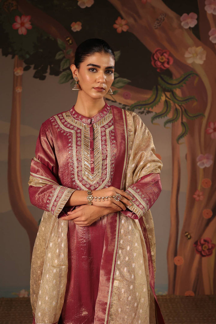 Purple Zari Tissue Kurta with Flared Pants - Set of 2