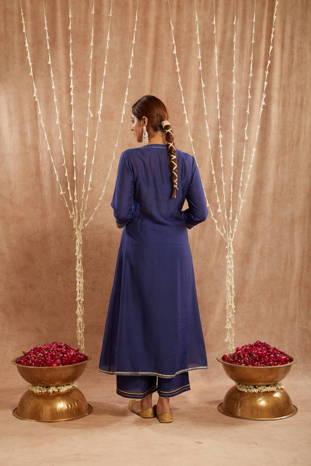 Royal Blue Gota Chanderi Kurta with Wide Leg Pants and Dupatta - Set of 3