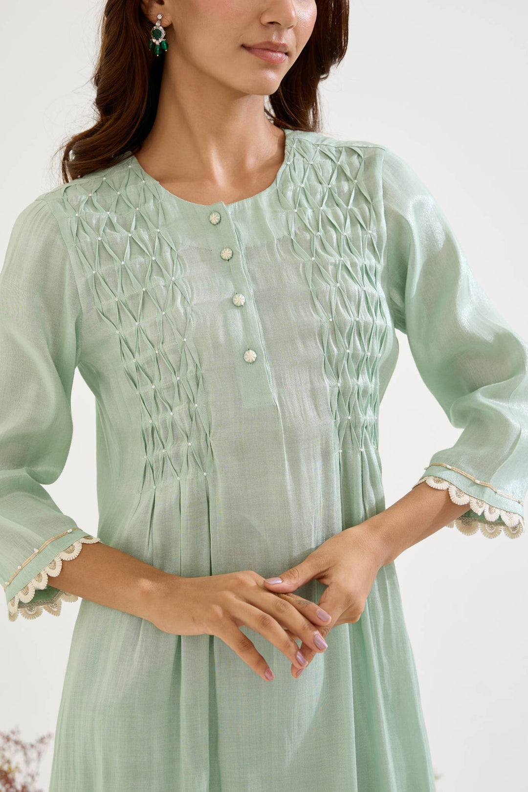 Mint Pearl Pintuck Tissue Kurta with Wide Leg Pants and Dupatta - Set of 3