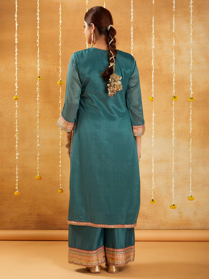 Emerald Green Embroidered Kurta Set with Dupatta - Set of 3