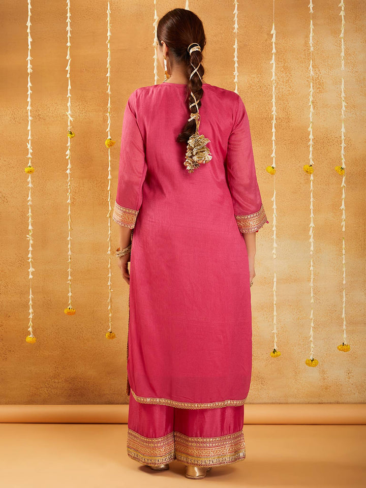 Rani Pink Embroidered Kurta Set with Dupatta - Set of 3