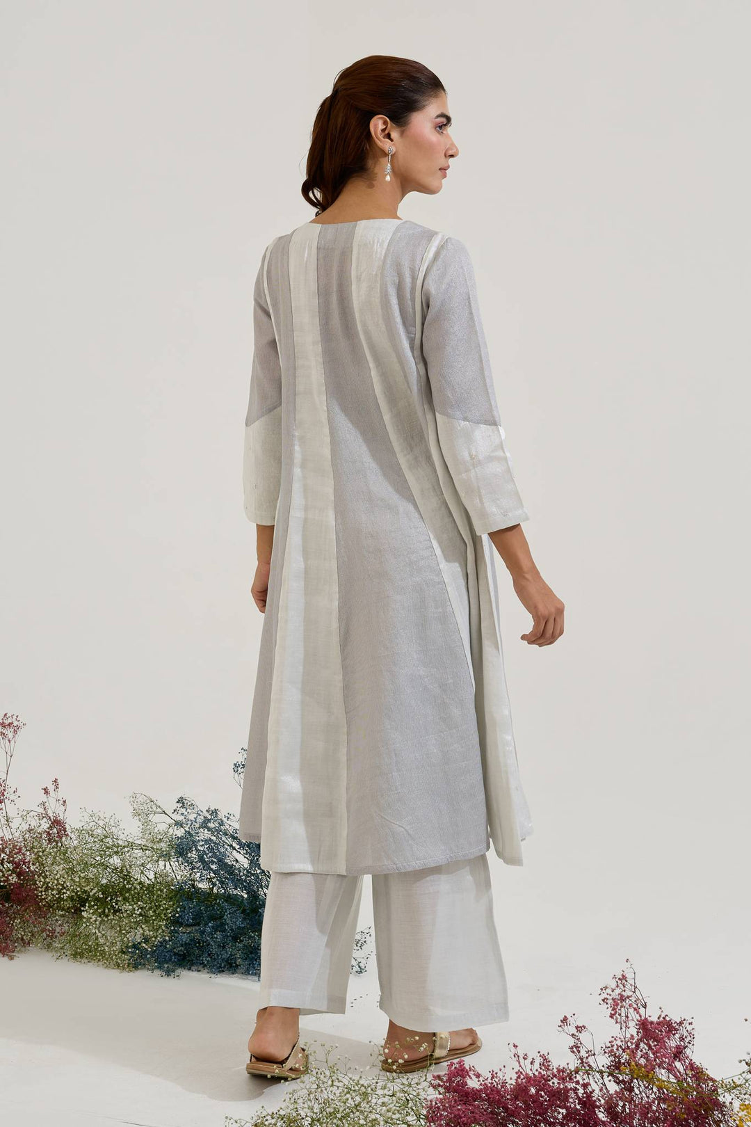 Silver Rose Panel Anarkali with Wide Leg Pants and Dupatta - Set of 3