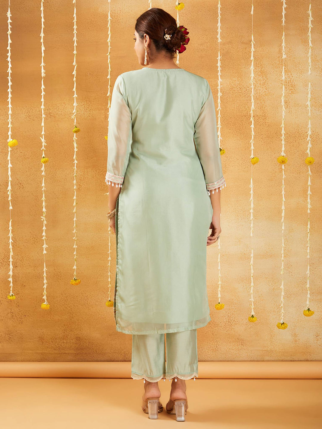 Mint Pearl Embroidered Kurta Set with Dupatta - Set of 3