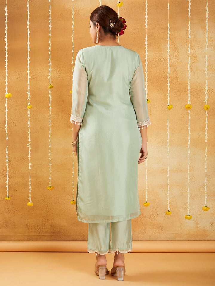 Mint Pearl Embroidered Kurta Set with Dupatta - Set of 3