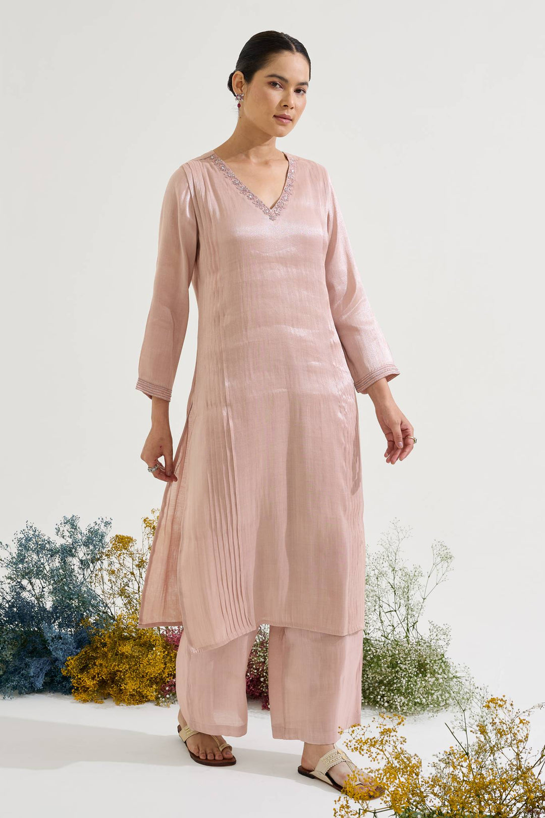 Rose Dori Tissue Kurta with Wide Leg Pants and Dupatta - Set of 3