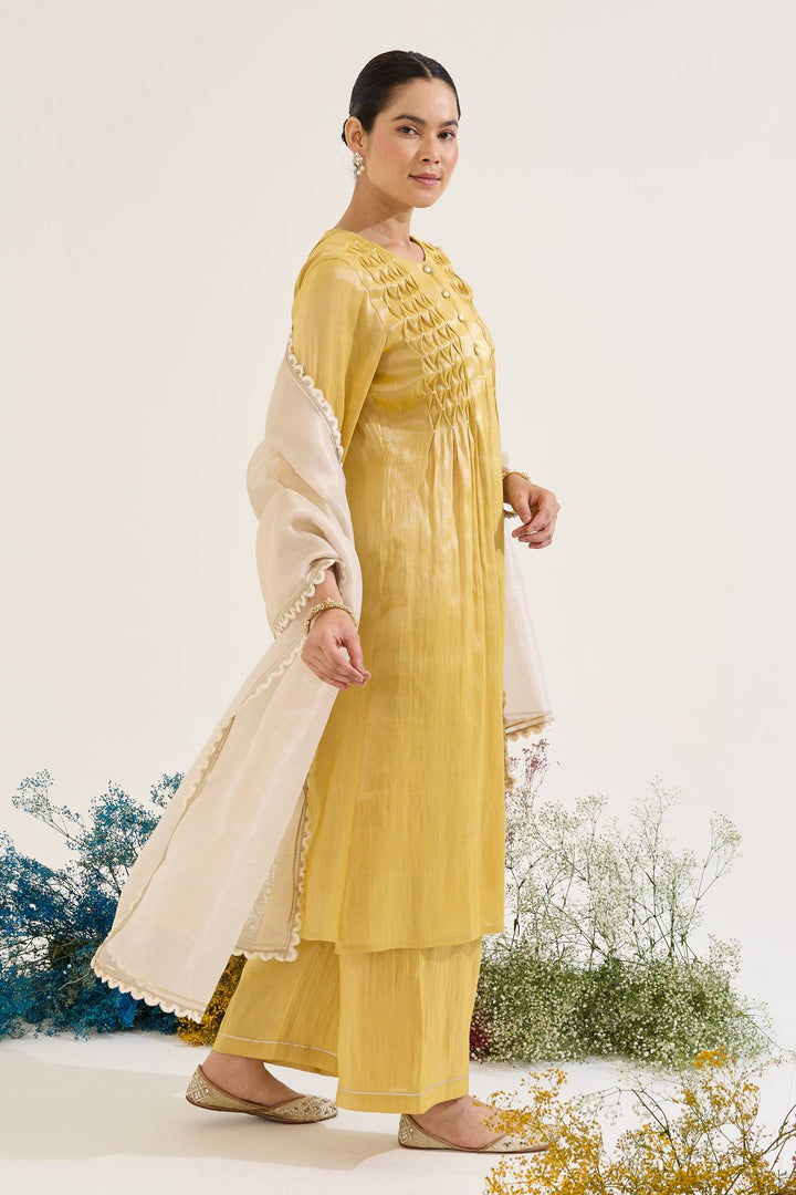 Golden Pearl Pintuck Tissue Kurta with Wide Leg Pants and Dupatta - Set of 3