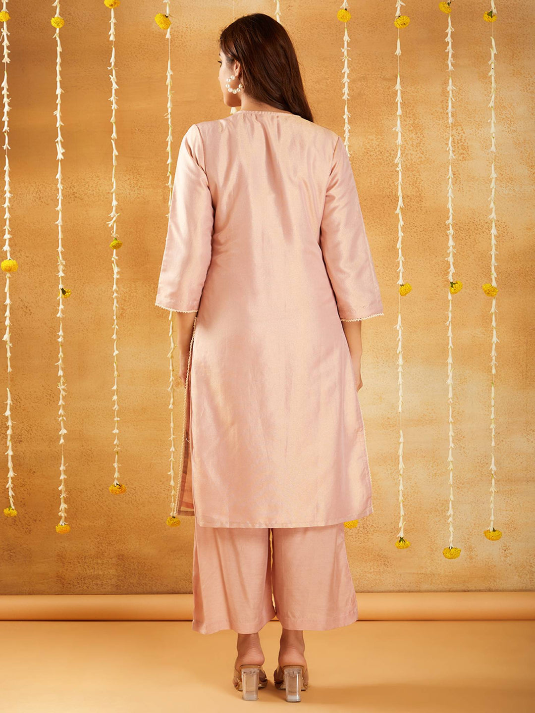 Peach Floral Embroidered Kurta Set with Dupatta - Set of 3