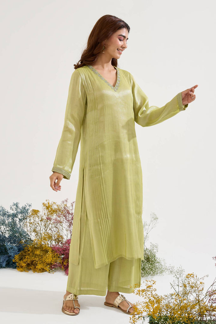 Lime Dori Tissue Kurta with Wide Leg Pants and Dupatta - Set of 3
