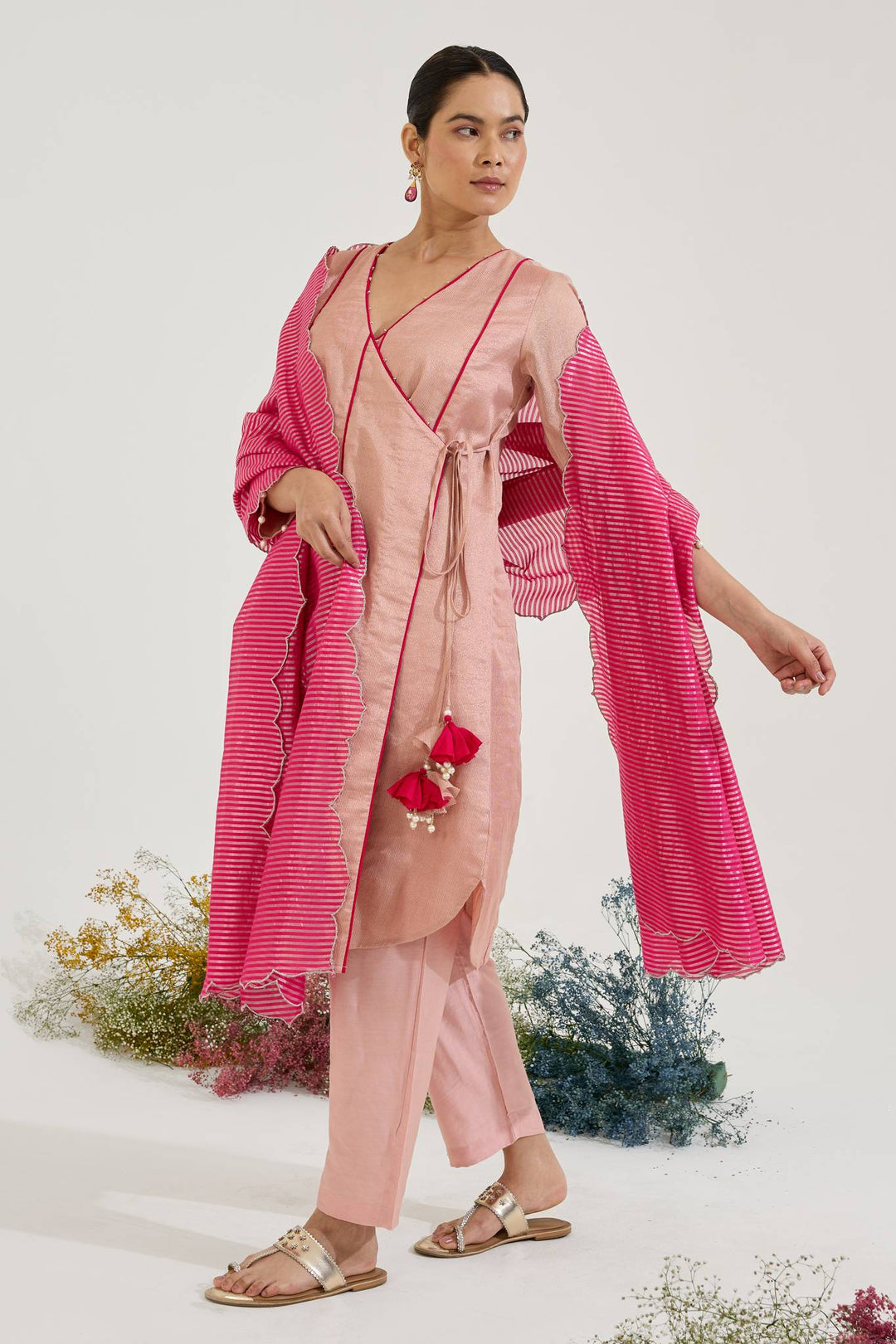 Pearl Pink Chanderi Stripe Angrakha with Narrow Pants and Dupatta - Set of 3