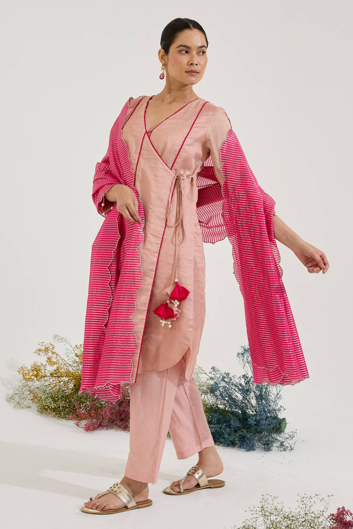 Pearl Pink Chanderi Stripe Angrakha with Narrow Pants and Dupatta - Set of 3
