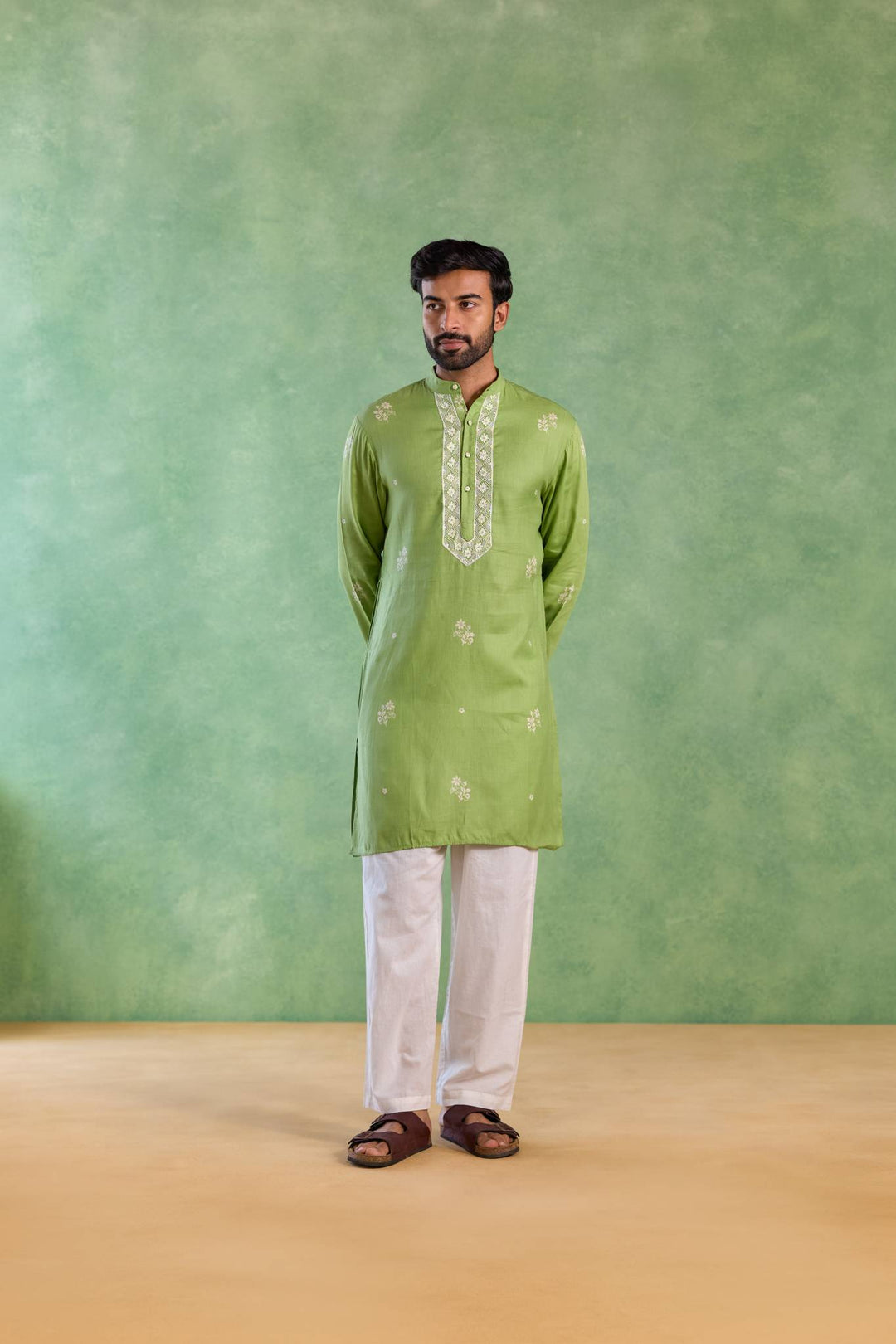 Sage Floral Buta Embroidered Kurta
