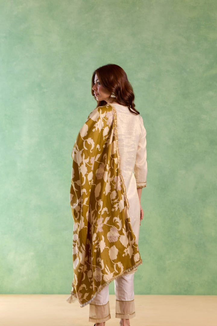 Gold Mirror Embroidered Chanderi Stripe Kurta Set with Floral Chintz Dupatta - Set of 3