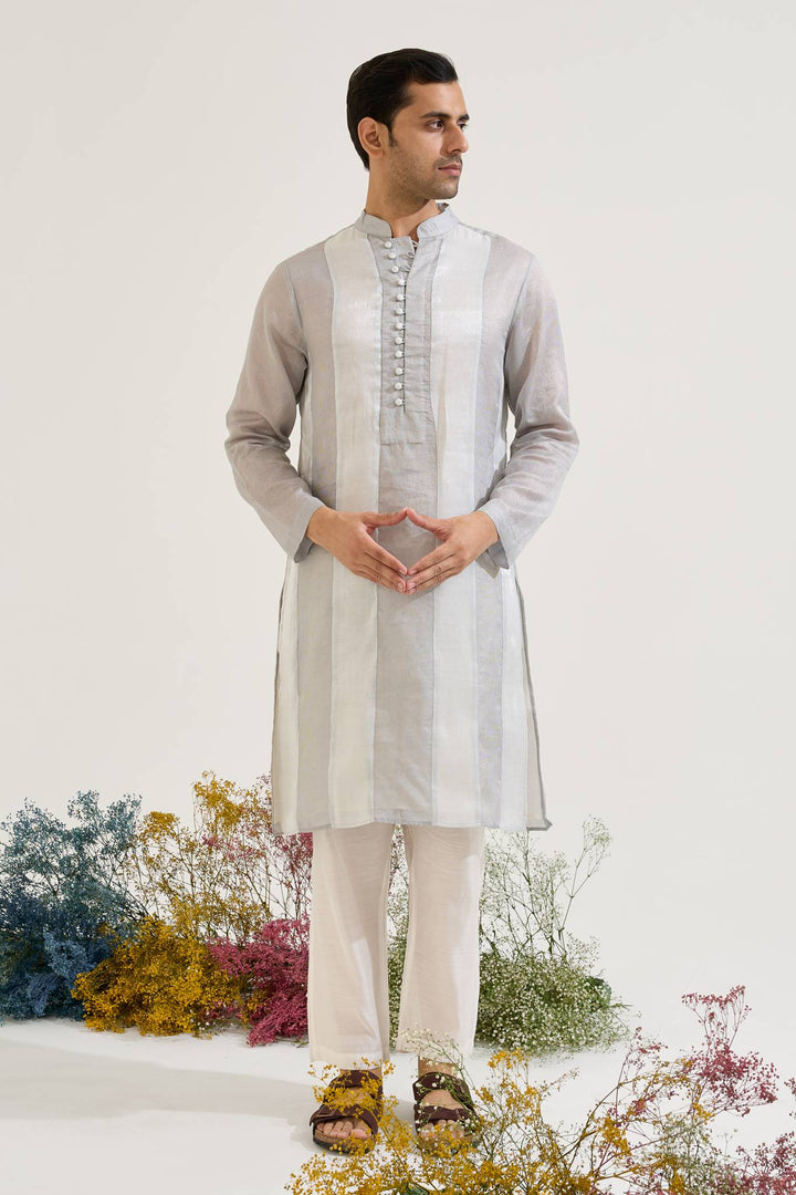 Blue Silver Panel Chanderi Stripe Kurta