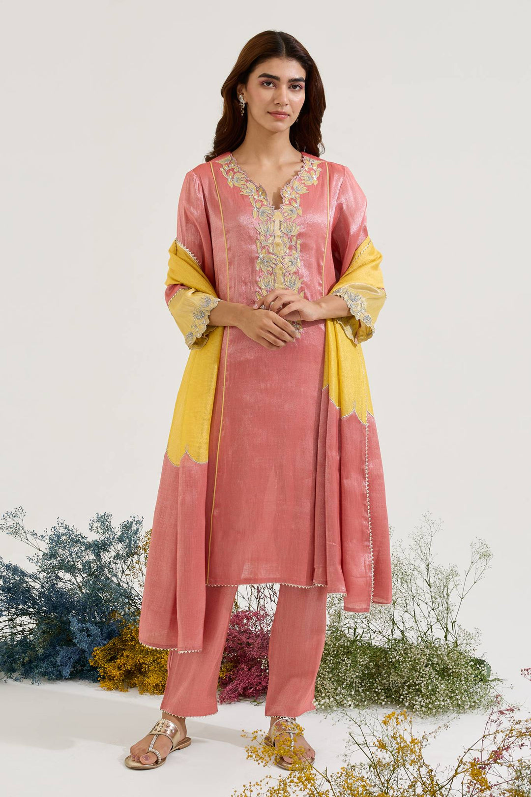 Red Lotus Applique Tissue Kurta with Narrow Pants and Dupatta - Set of 3
