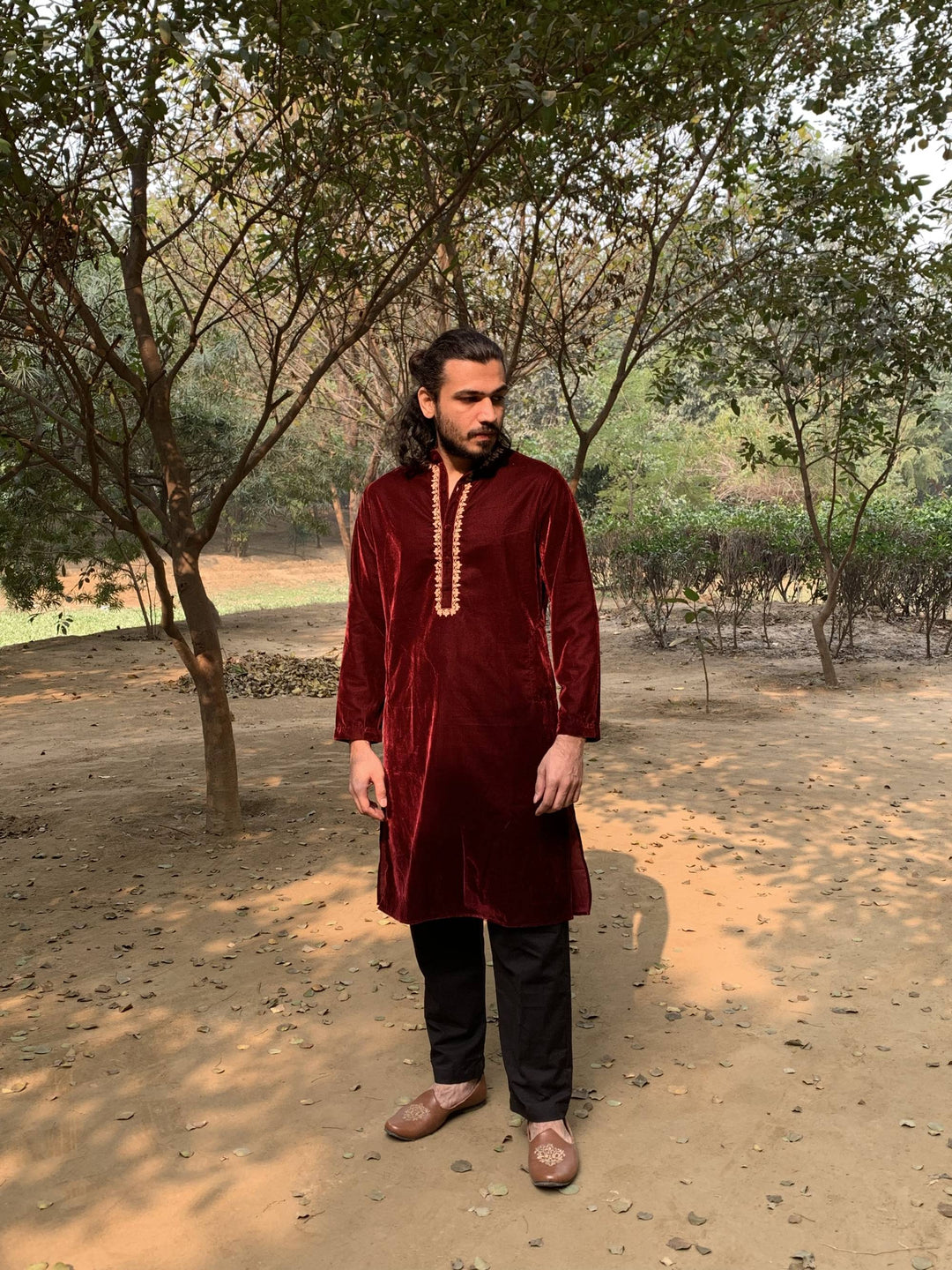 Maroon Oak Embroidered Velvet Kurta with Narrow Pants - Set of 2