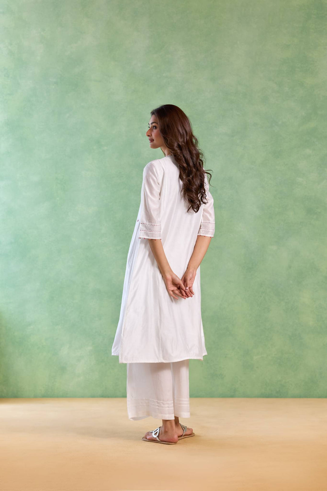 Red Petal Embroidered Kurta with Wide-Leg Pants - Set of 2