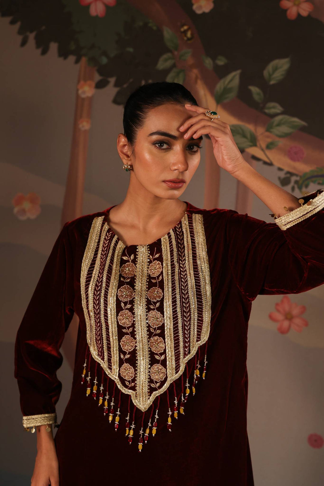 Maroon Petal Beaded Velvet Tunic with Narrow Pants