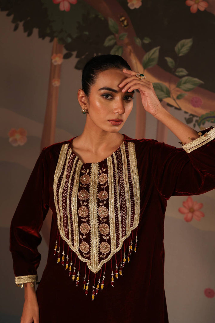 Maroon Petal Beaded Velvet Tunic with Narrow Pants