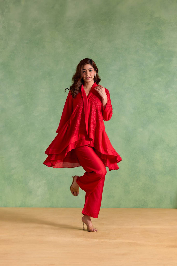 Rosy Charm Embroidered Chanderi Kurta with Straight Pants and Slip - Set of 3