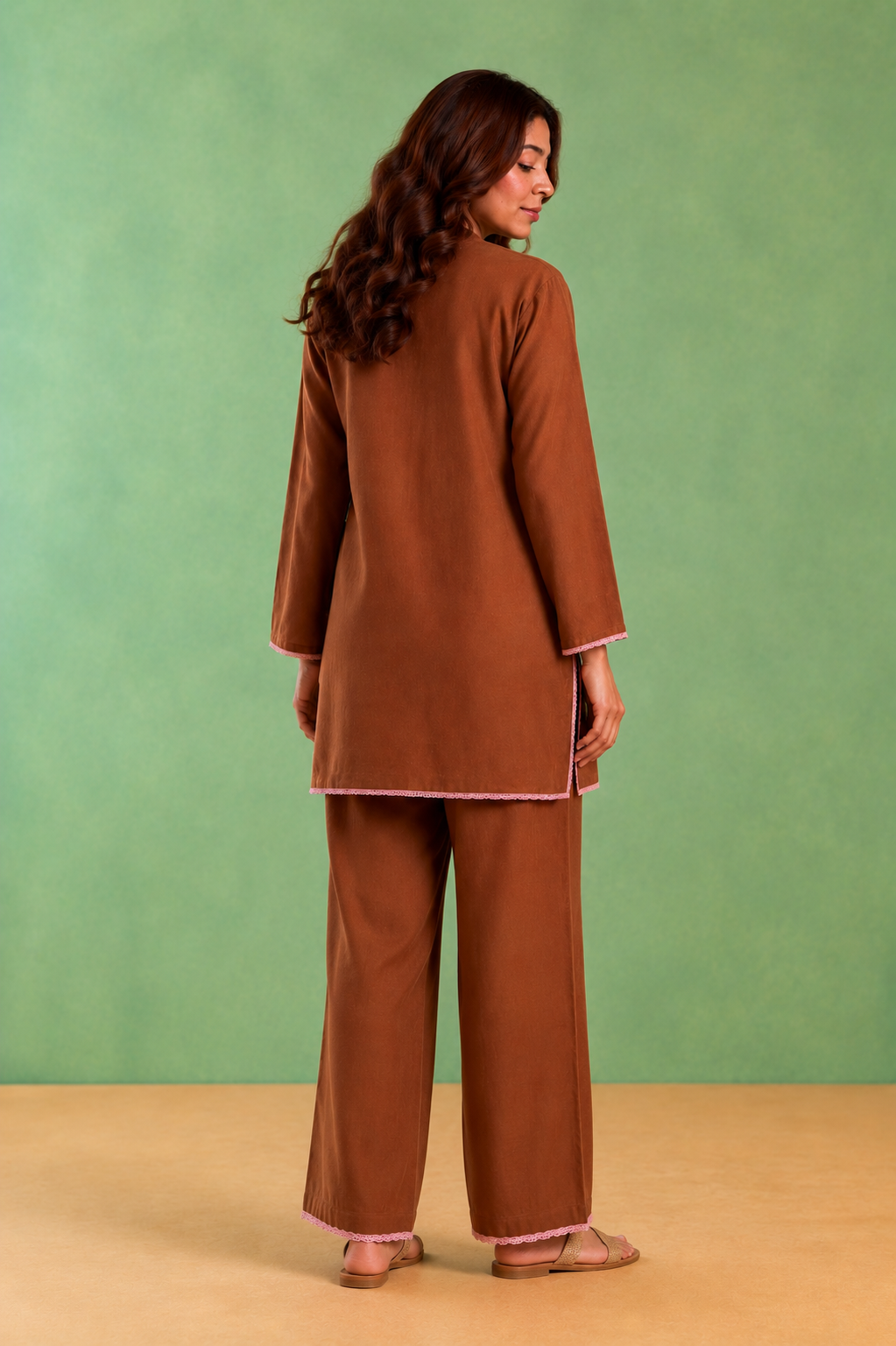 Brown Rose Embroidered Handloom Cotton Co-ord Set