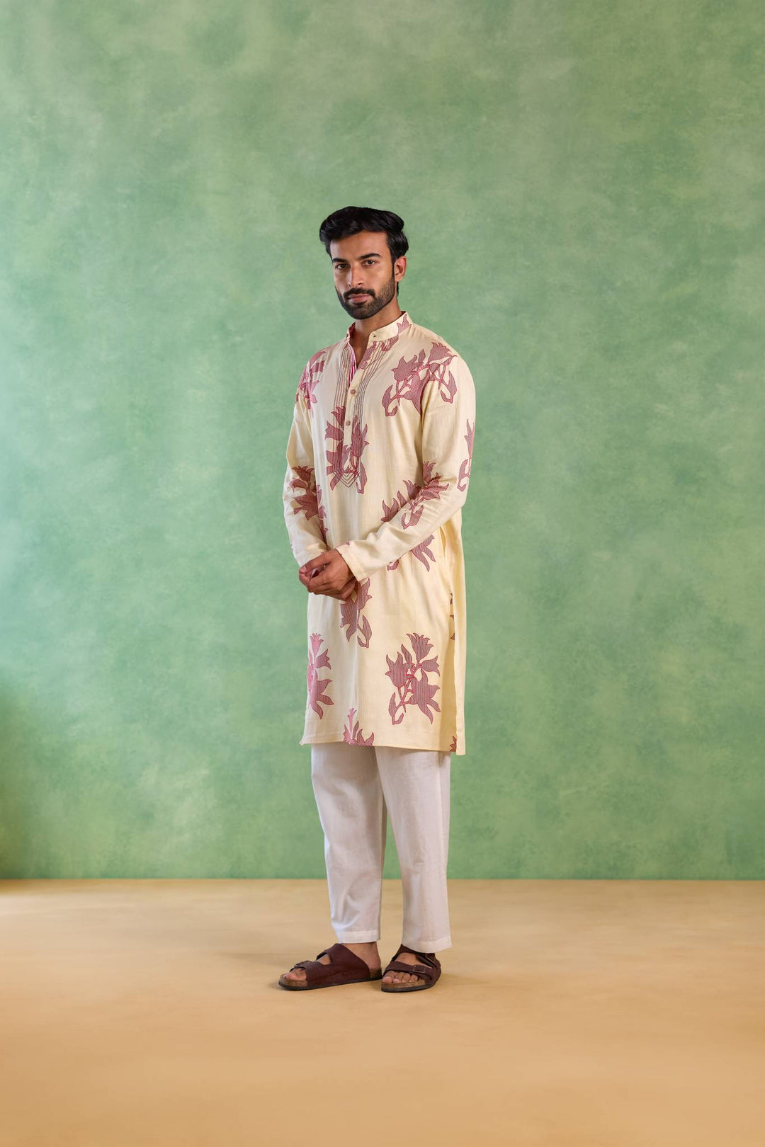 Ivory Red Floral Stripe Kurta