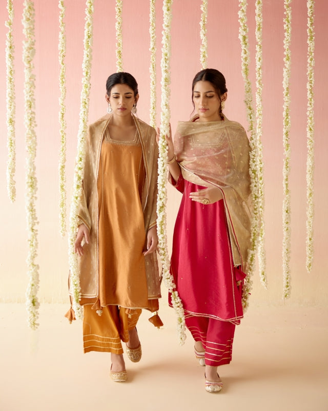 Dahlia Rust Gota Anarkali with Wide Leg Pants & Dupatta - Set of 3