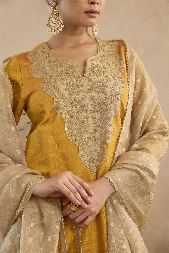 Mustard Dori Yoke Kurta with Narrow Pants and Embroidered Dupatta - Set of 3
