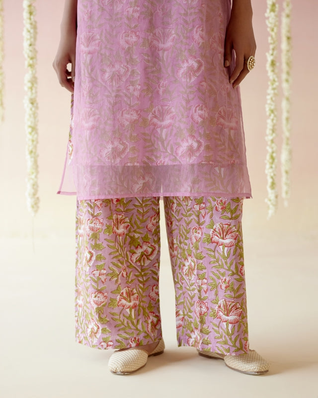 Mulberry Pink Long Kurta with Blockprinted Slip and Flared Pants- Set of 2